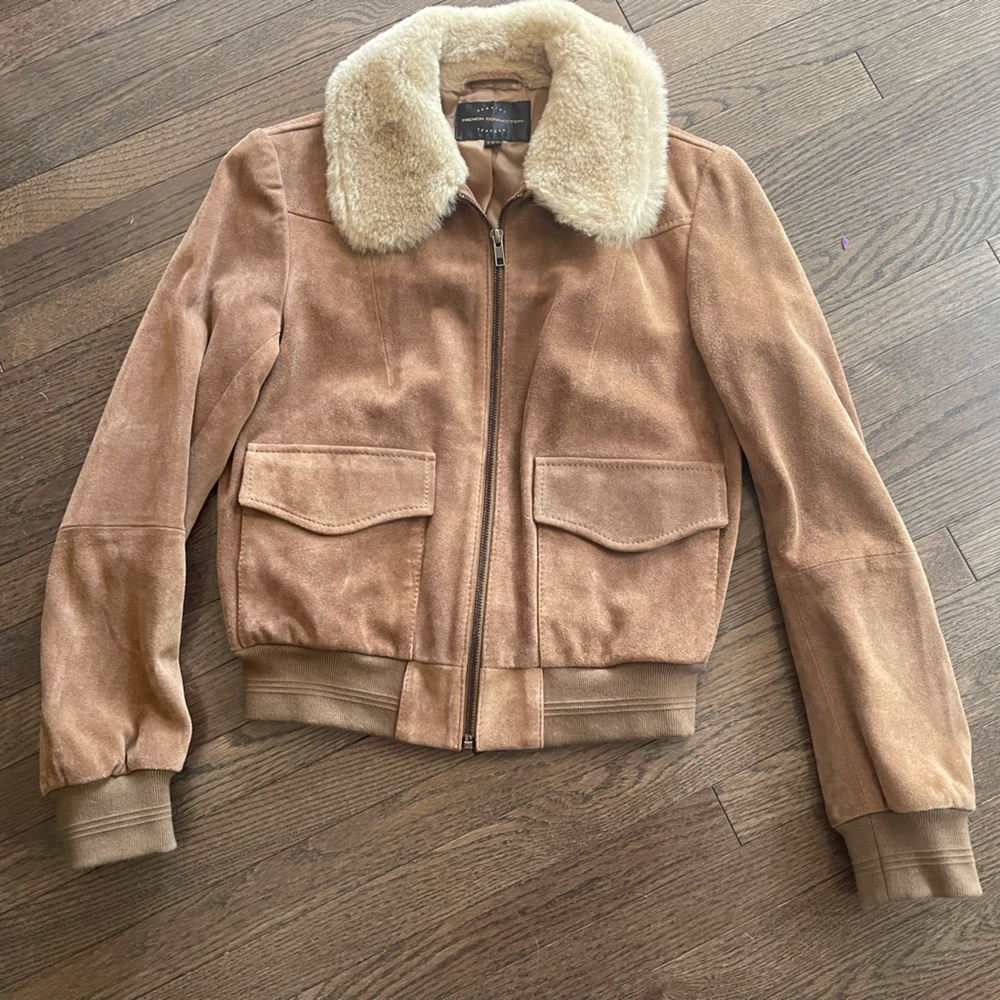 French Connection  Zip-Up Contrast-Collar Bomber Suede Jacket Sz 6